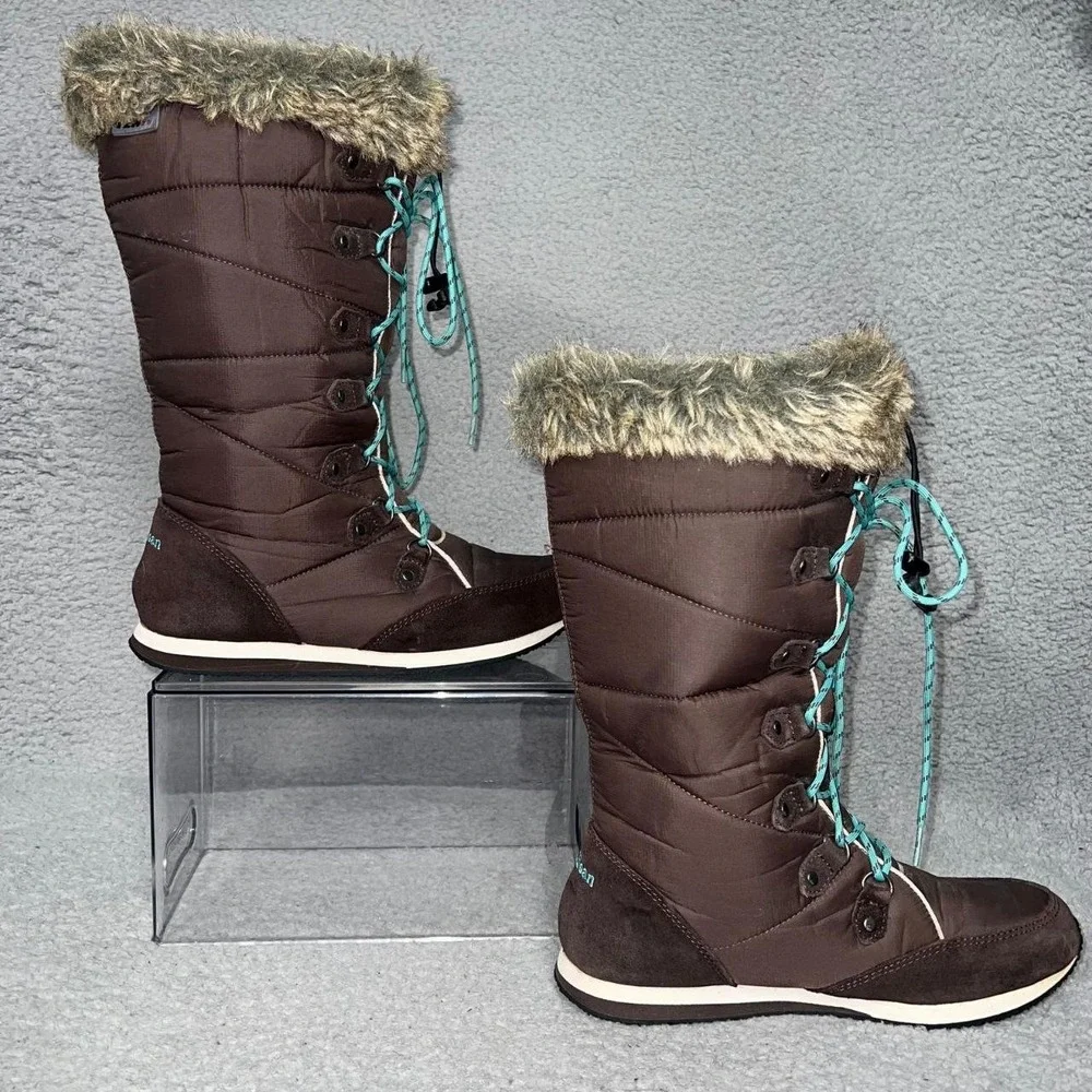 LL Bean Carrabassett Faux Fur Snow Boots Women 8½‎ M Brown Lace Knee High 284883